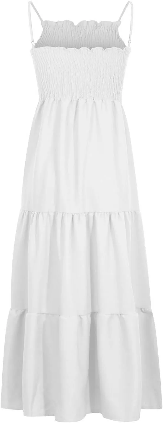 Women's Summer Maxi Dress Casual Boho Sleeveless High Waisted Spaghetti Strap Smocked Tiered Solid Beach Sun Dresses