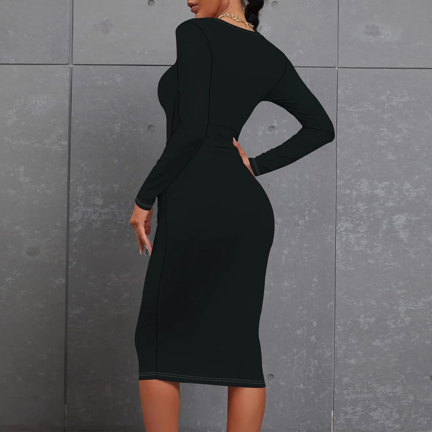 Women's Summer Midi Bodycon Dresses Round Neck Long Sleeve Casual Fall Ruched Waist Short Party Club Slim Fit Dress