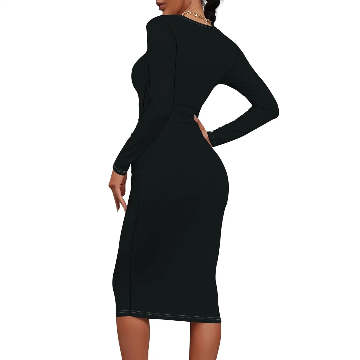 Women's Summer Midi Bodycon Dresses Round Neck Long Sleeve Casual Fall Ruched Waist Short Party Club Slim Fit Dress