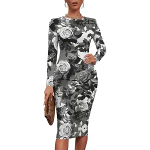 Women's Summer Midi Bodycon Dresses Round Neck Long Sleeve Casual Fall Ruched Waist Short Party Club Slim Fit Dress