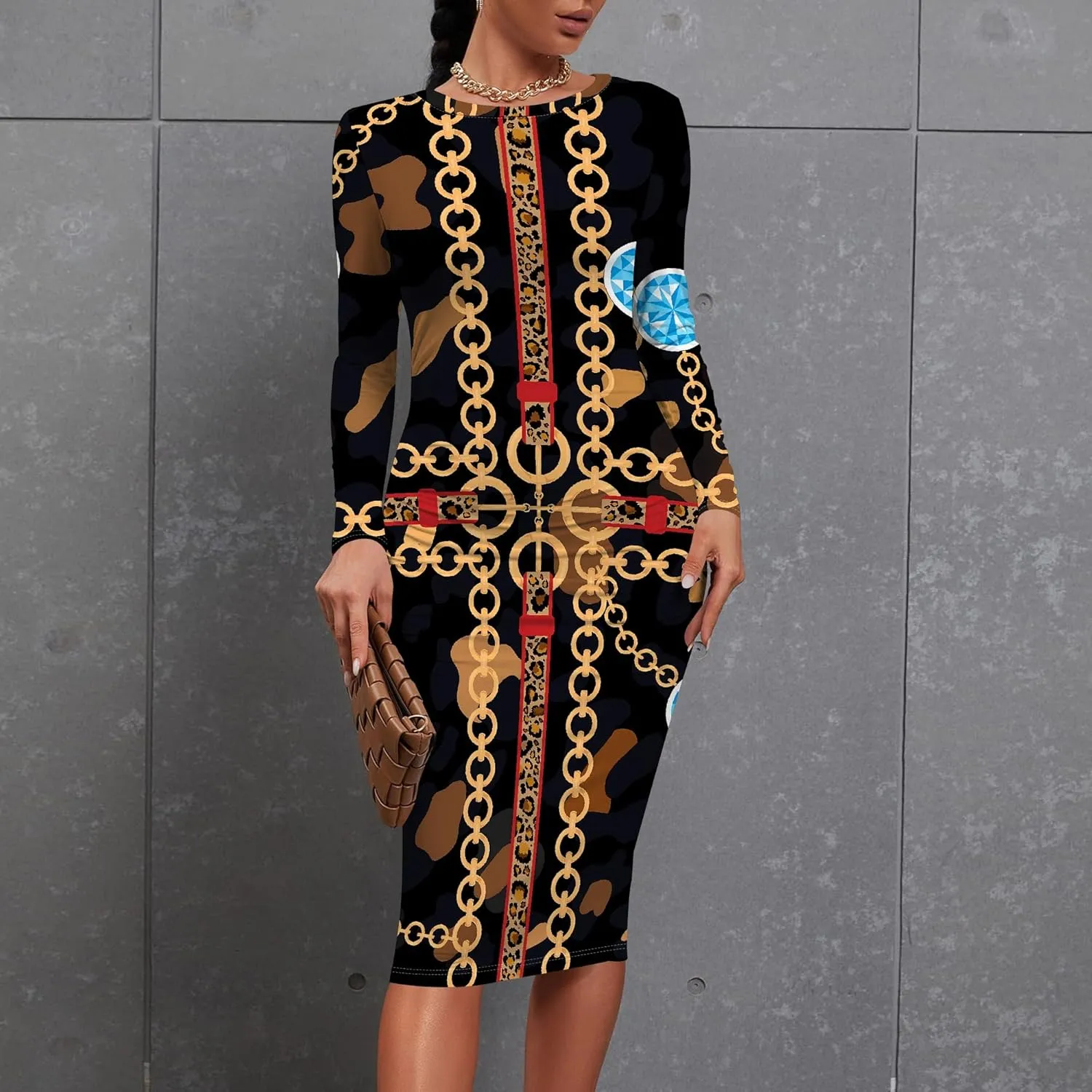 Women's Summer Midi Bodycon Dresses Round Neck Long Sleeve Casual Fall Ruched Waist Short Party Club Slim Fit Dress