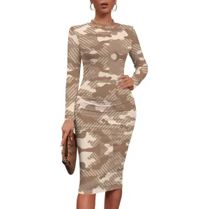 Women's Summer Midi Bodycon Dresses Round Neck Long Sleeve Casual Fall Ruched Waist Short Party Club Slim Fit Dress