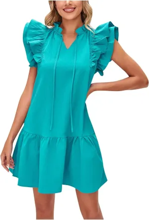 Women's Summer Mini Dresses 2025 Drawstring V Neck Casual Short Dress Ruffle Cap Sleeve Pleated Swing Sundress