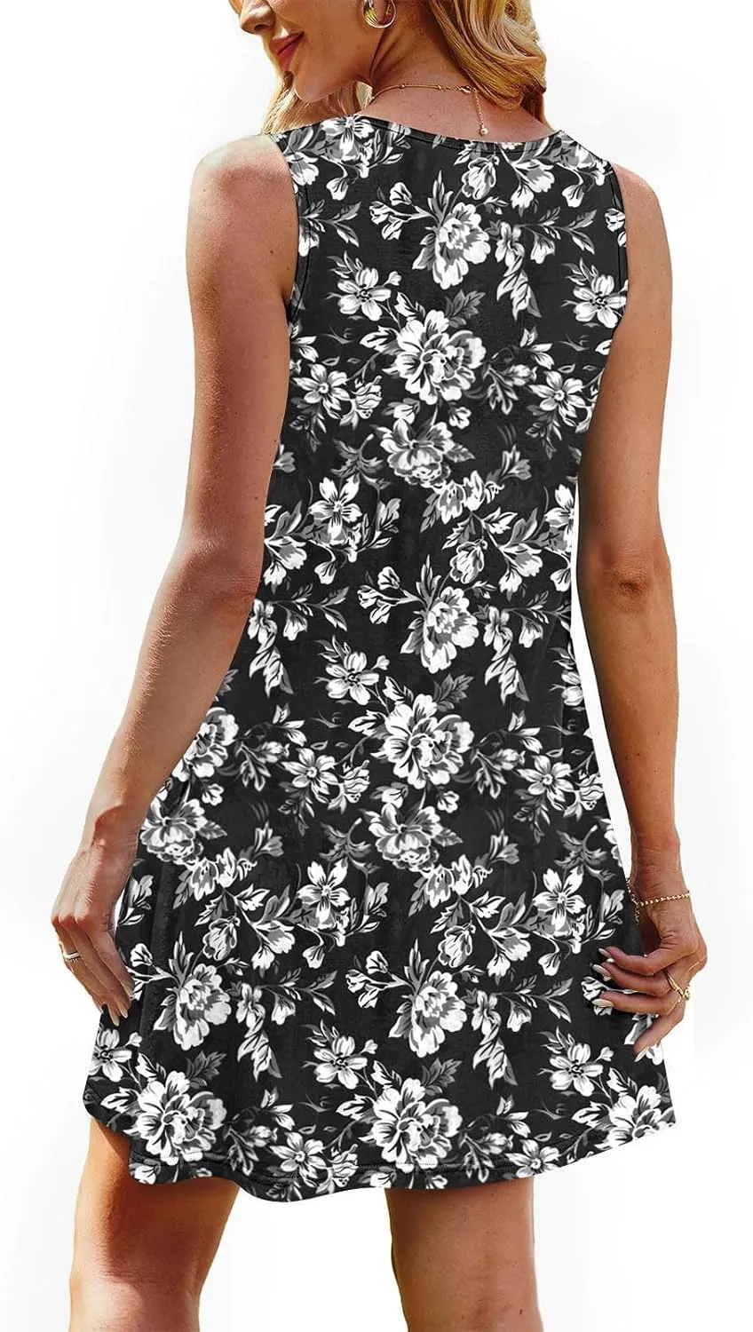 Women's Summer Sleeveless Boho Beach Dress Floral Mini Sundress with Pockets Casual Vacation Travel Flowy Tshirt Dress