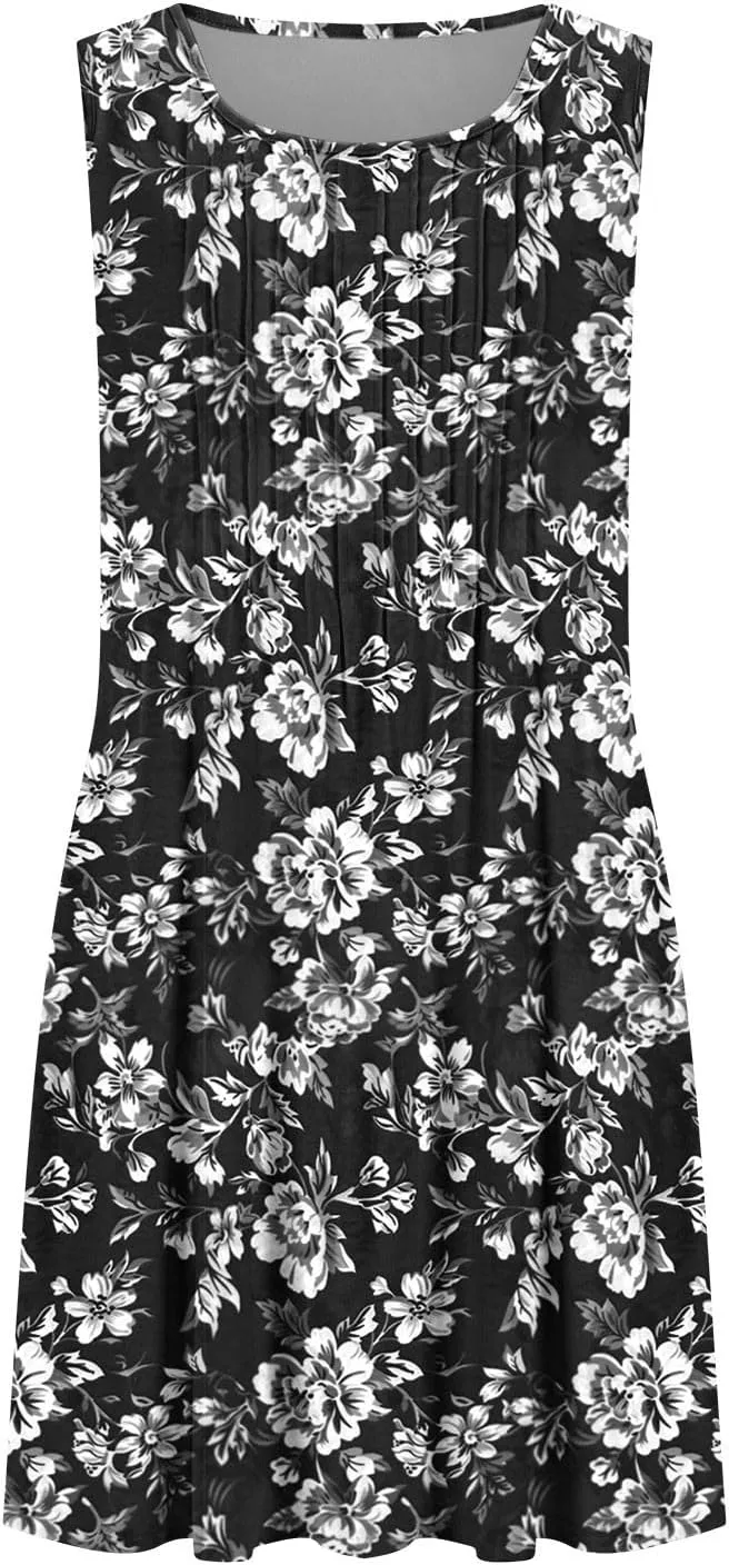 Women's Summer Sleeveless Boho Beach Dress Floral Mini Sundress with Pockets Casual Vacation Travel Flowy Tshirt Dress