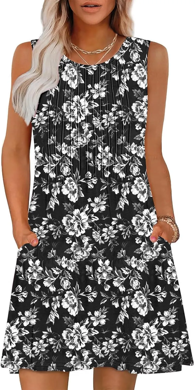 Women's Summer Sleeveless Boho Beach Dress Floral Mini Sundress with Pockets Casual Vacation Travel Flowy Tshirt Dress