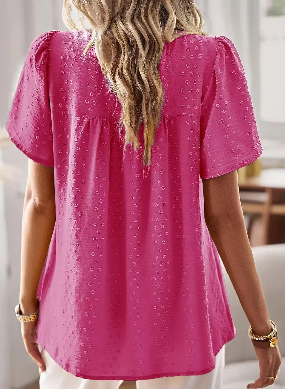 Womens Summer Tops Crewneck Short Sleeve Shirts Casual Chiffon Blouses Flowy Lace Hem Boho Clothing Trendy 2025