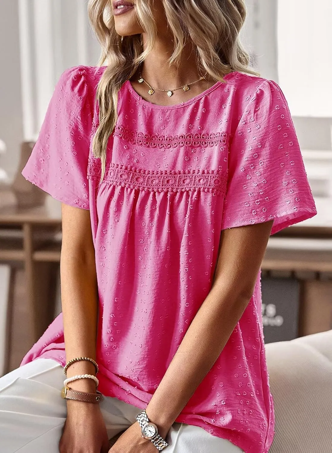 Womens Summer Tops Crewneck Short Sleeve Shirts Casual Chiffon Blouses Flowy Lace Hem Boho Clothing Trendy 2025