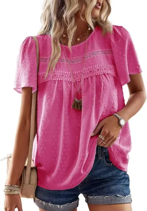 Womens Summer Tops Crewneck Short Sleeve Shirts Casual Chiffon Blouses Flowy Lace Hem Boho Clothing Trendy 2025