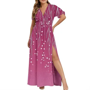 Womens Summer Wrap Maxi Dress Casual Boho Floral V Neck Short Sleeve Plus Size Hem Split Beach Long Dresses