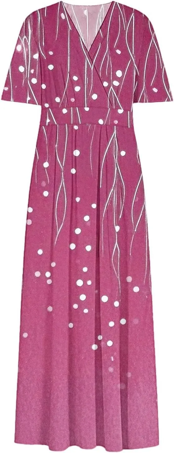 Womens Summer Wrap Maxi Dress Casual Boho Floral V Neck Short Sleeve Plus Size Hem Split Beach Long Dresses