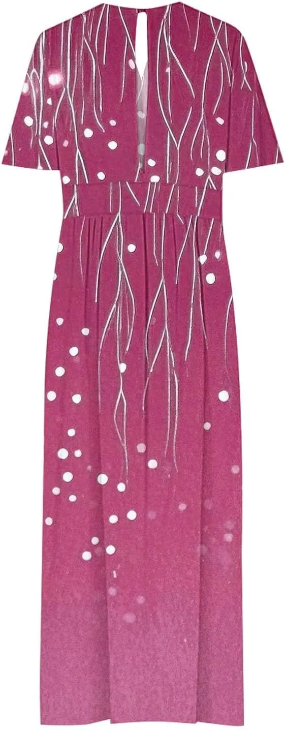 Womens Summer Wrap Maxi Dress Casual Boho Floral V Neck Short Sleeve Plus Size Hem Split Beach Long Dresses