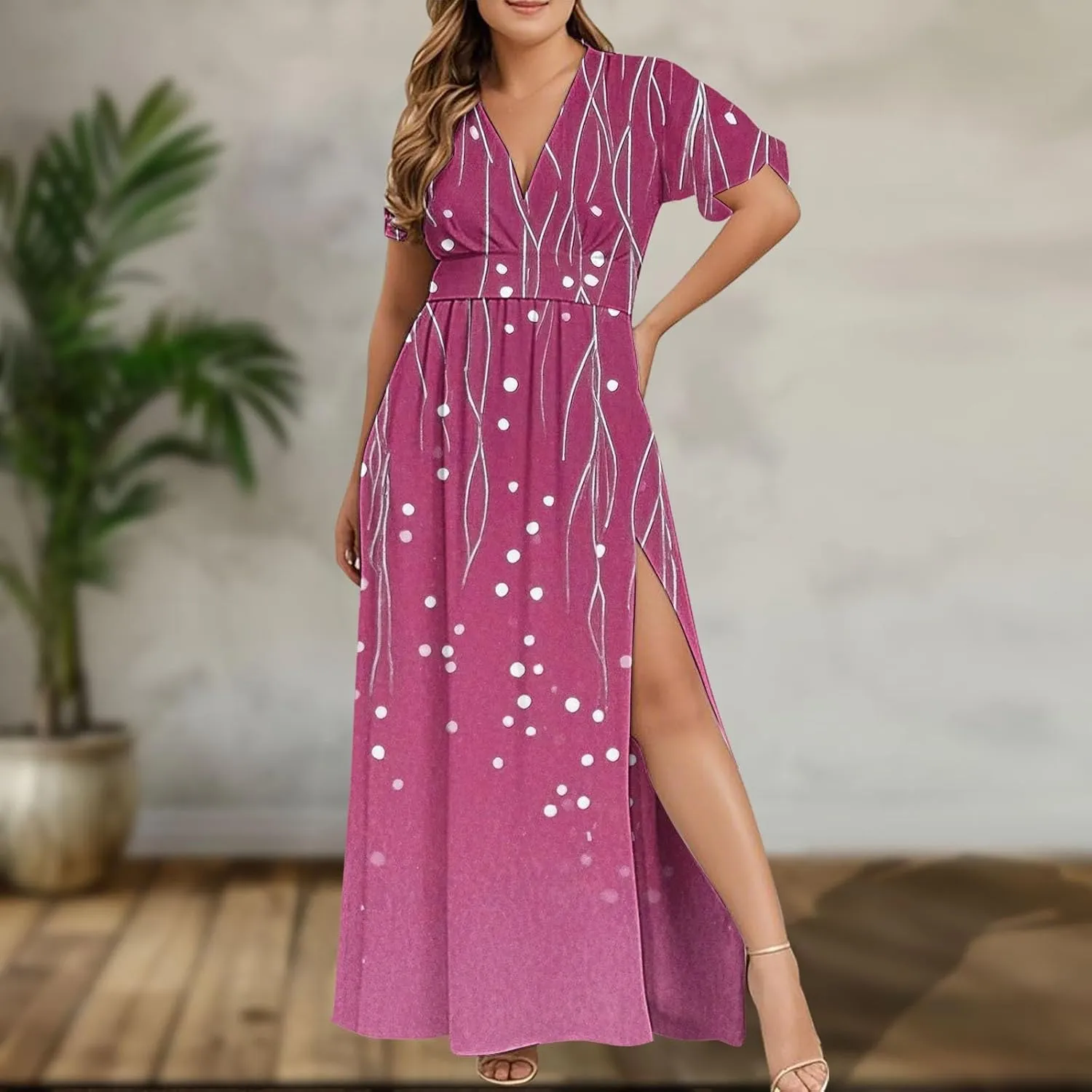Womens Summer Wrap Maxi Dress Casual Boho Floral V Neck Short Sleeve Plus Size Hem Split Beach Long Dresses