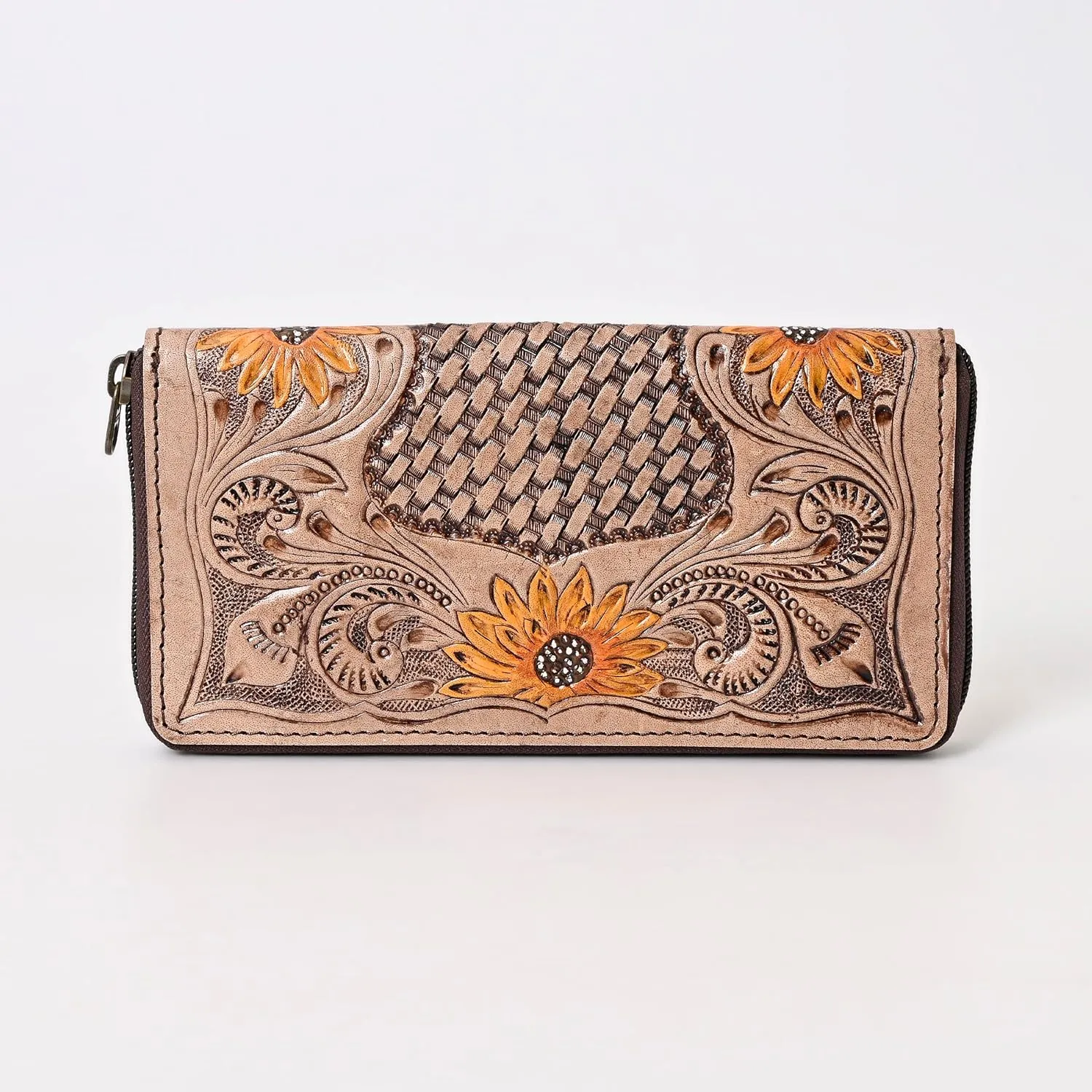 Womens Tooled Leather Wallet  Handcrafted Sunflower Floral Design  Genuine Cowhide Western Clutch with Zip Closure  Long Boho Purse  Cowgirl & Western Lovers (Light Brown)