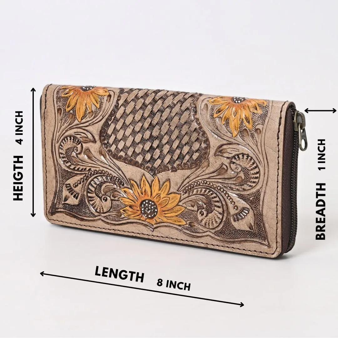 Womens Tooled Leather Wallet  Handcrafted Sunflower Floral Design  Genuine Cowhide Western Clutch with Zip Closure  Long Boho Purse  Cowgirl & Western Lovers (Light Brown)