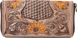 Womens Tooled Leather Wallet  Handcrafted Sunflower Floral Design  Genuine Cowhide Western Clutch with Zip Closure  Long Boho Purse  Cowgirl & Western Lovers (Light Brown)