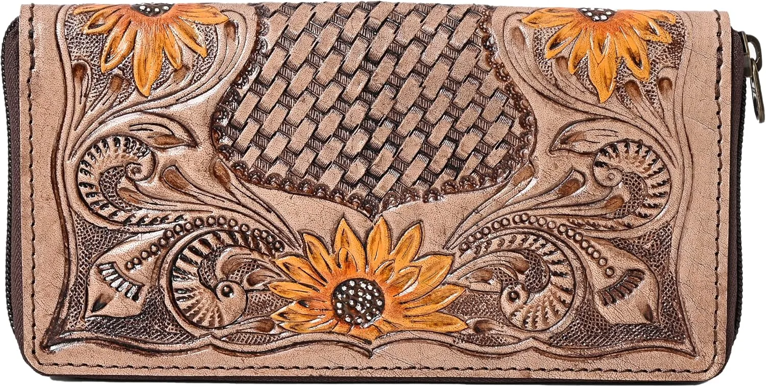 Womens Tooled Leather Wallet  Handcrafted Sunflower Floral Design  Genuine Cowhide Western Clutch with Zip Closure  Long Boho Purse  Cowgirl & Western Lovers (Light Brown)