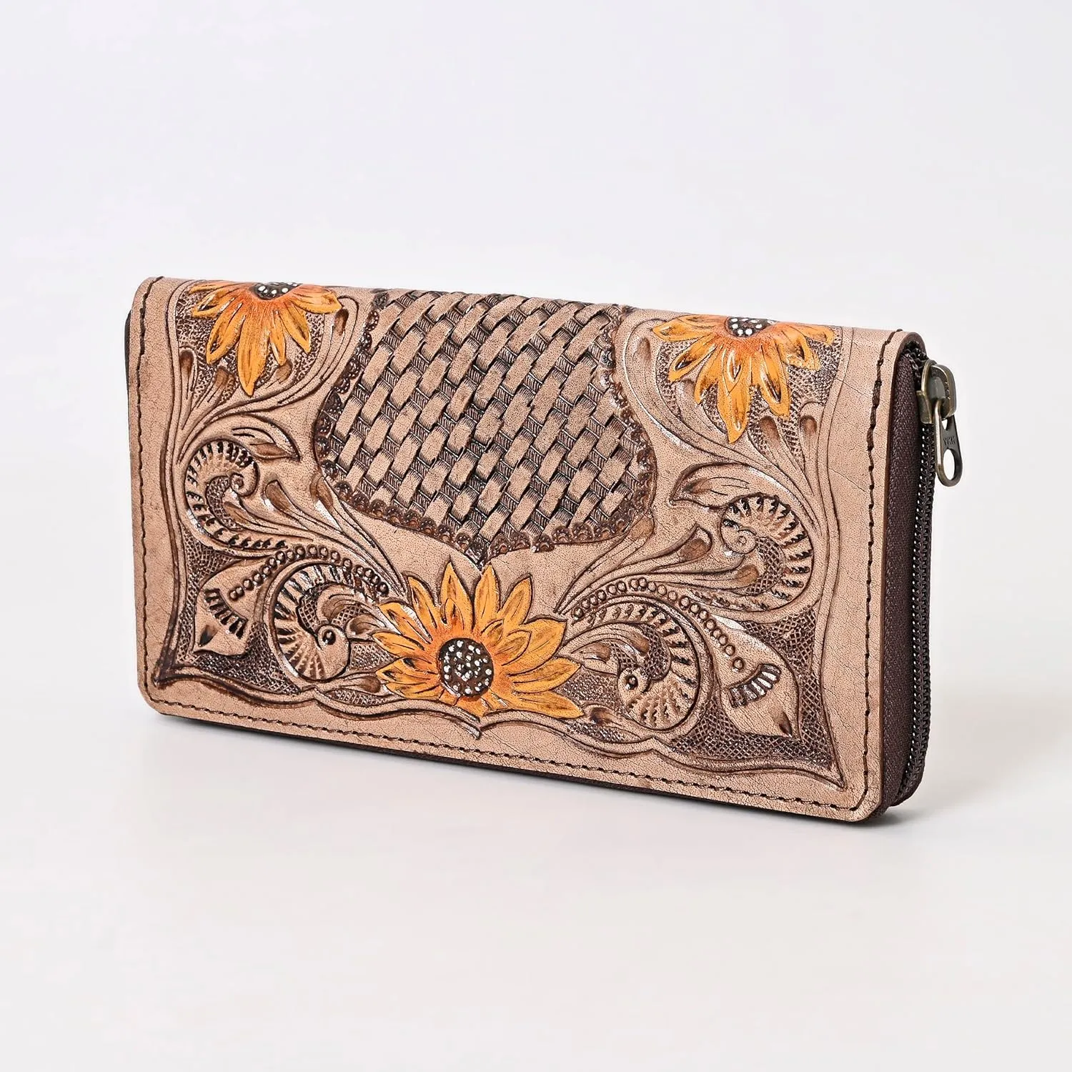 Womens Tooled Leather Wallet  Handcrafted Sunflower Floral Design  Genuine Cowhide Western Clutch with Zip Closure  Long Boho Purse  Cowgirl & Western Lovers (Light Brown)