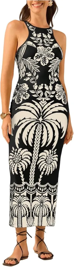 Women's Tropical Bodycon Tank Dress Elegant Summer Vacation Crewneck Split Thigh Long Maxi Dress Boho Sundress