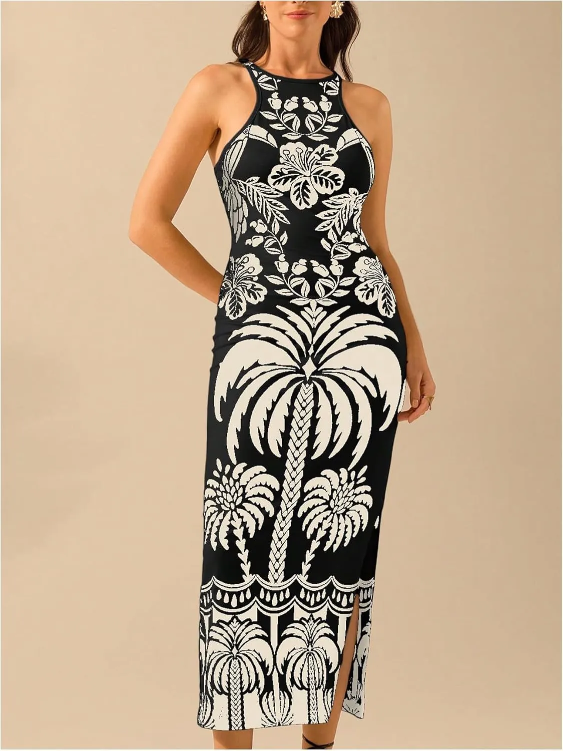 Women's Tropical Bodycon Tank Dress Elegant Summer Vacation Crewneck Split Thigh Long Maxi Dress Boho Sundress