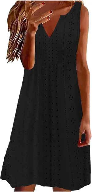 Womens V Neck Eyelet Dresses Summer Casual Dresses Cover Up Sleeveless Knee Length Dress Casual Tank Sundress Tunics