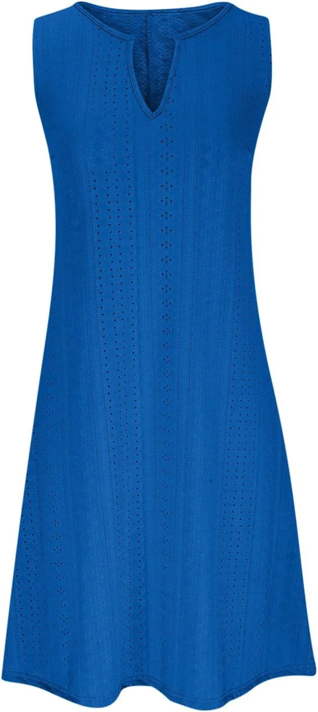 Womens V Neck Eyelet Dresses Summer Casual Dresses Cover Up Sleeveless Knee Length Dress Casual Tank Sundress Tunics
