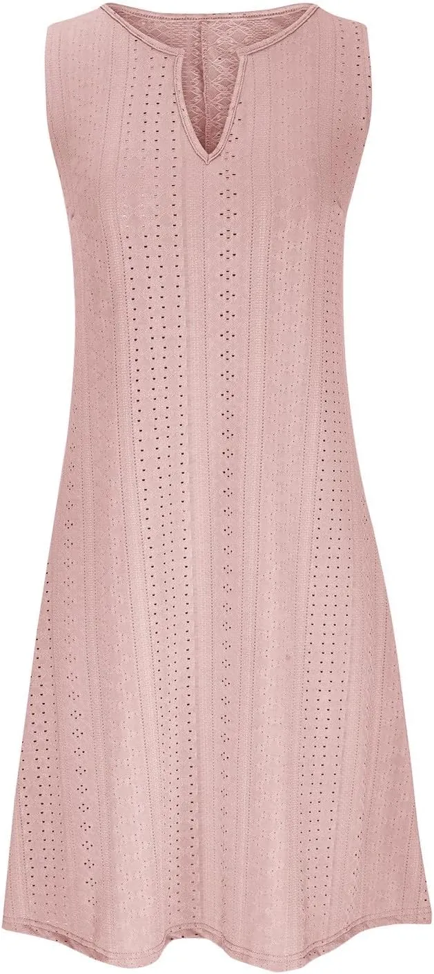 Womens V Neck Eyelet Dresses Summer Casual Dresses Cover Up Sleeveless Knee Length Dress Casual Tank Sundress Tunics