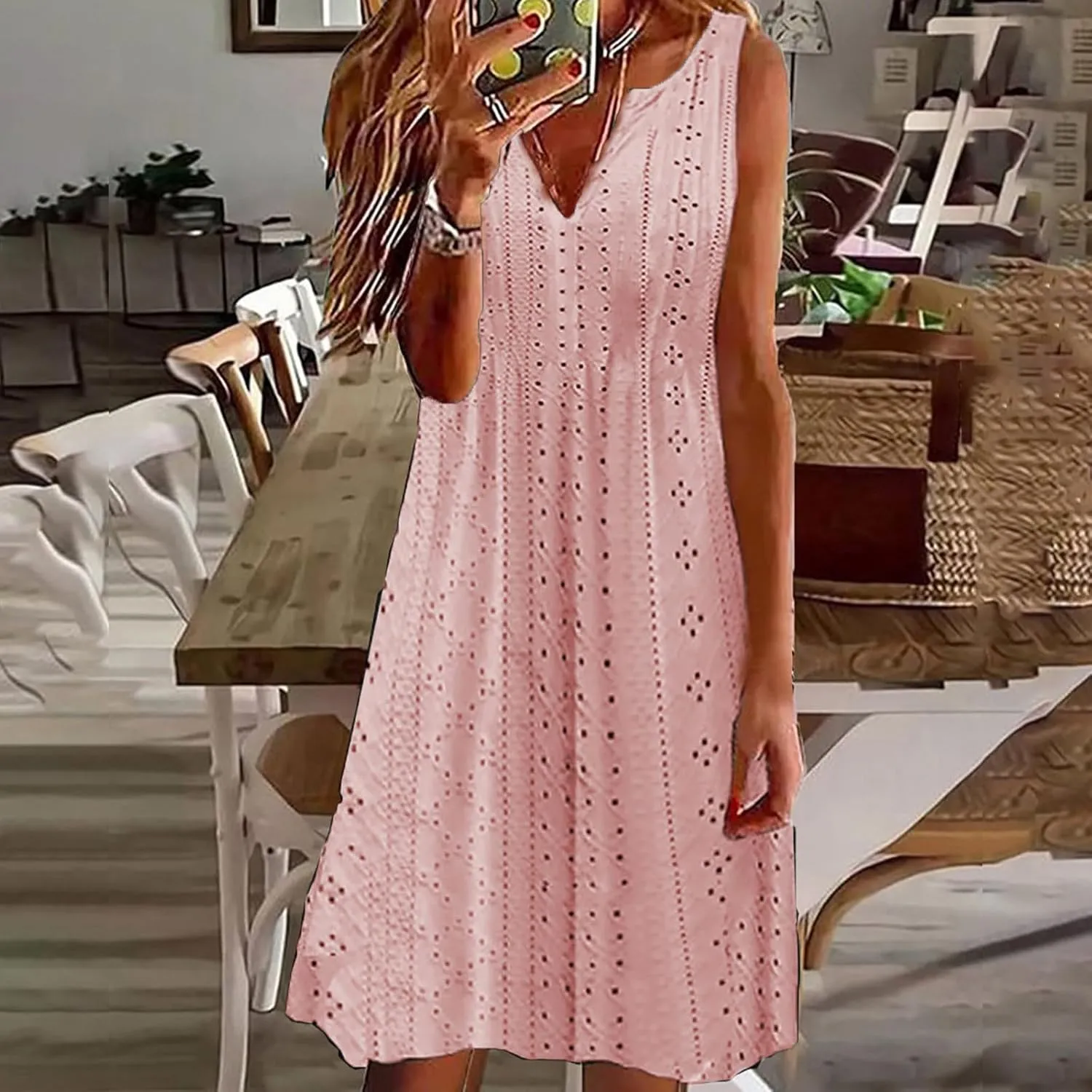 Womens V Neck Eyelet Dresses Summer Casual Dresses Cover Up Sleeveless Knee Length Dress Casual Tank Sundress Tunics