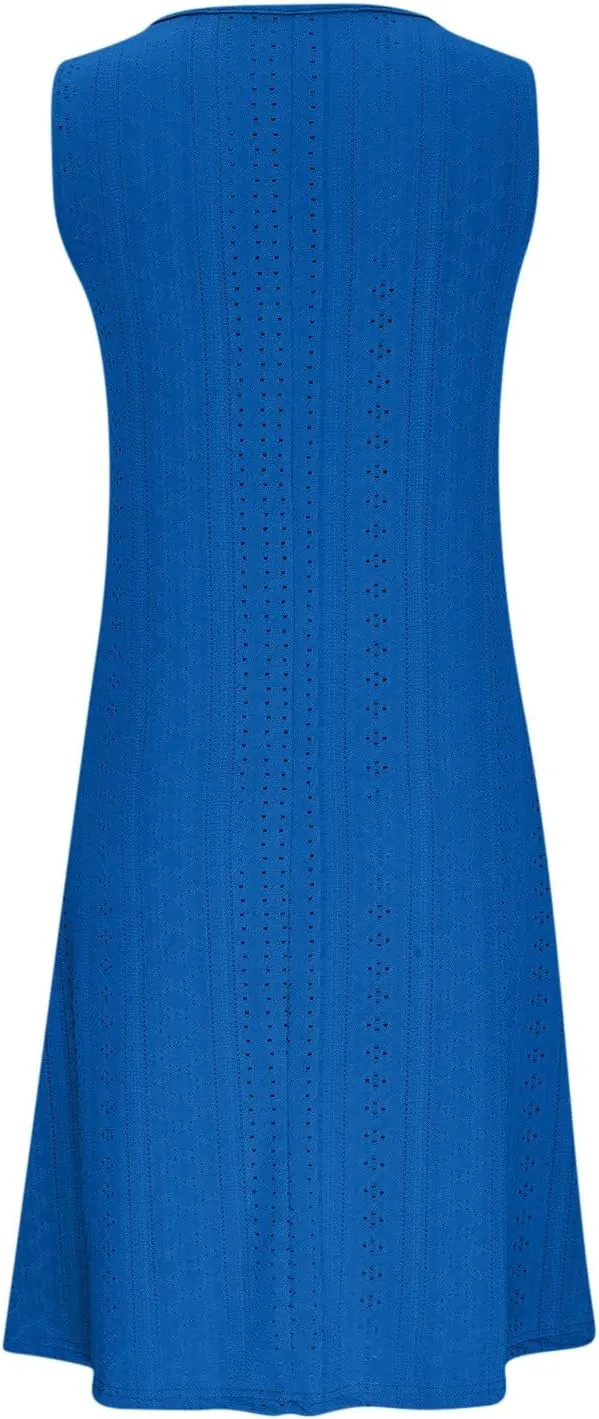 Womens V Neck Eyelet Dresses Summer Casual Dresses Cover Up Sleeveless Knee Length Dress Casual Tank Sundress Tunics