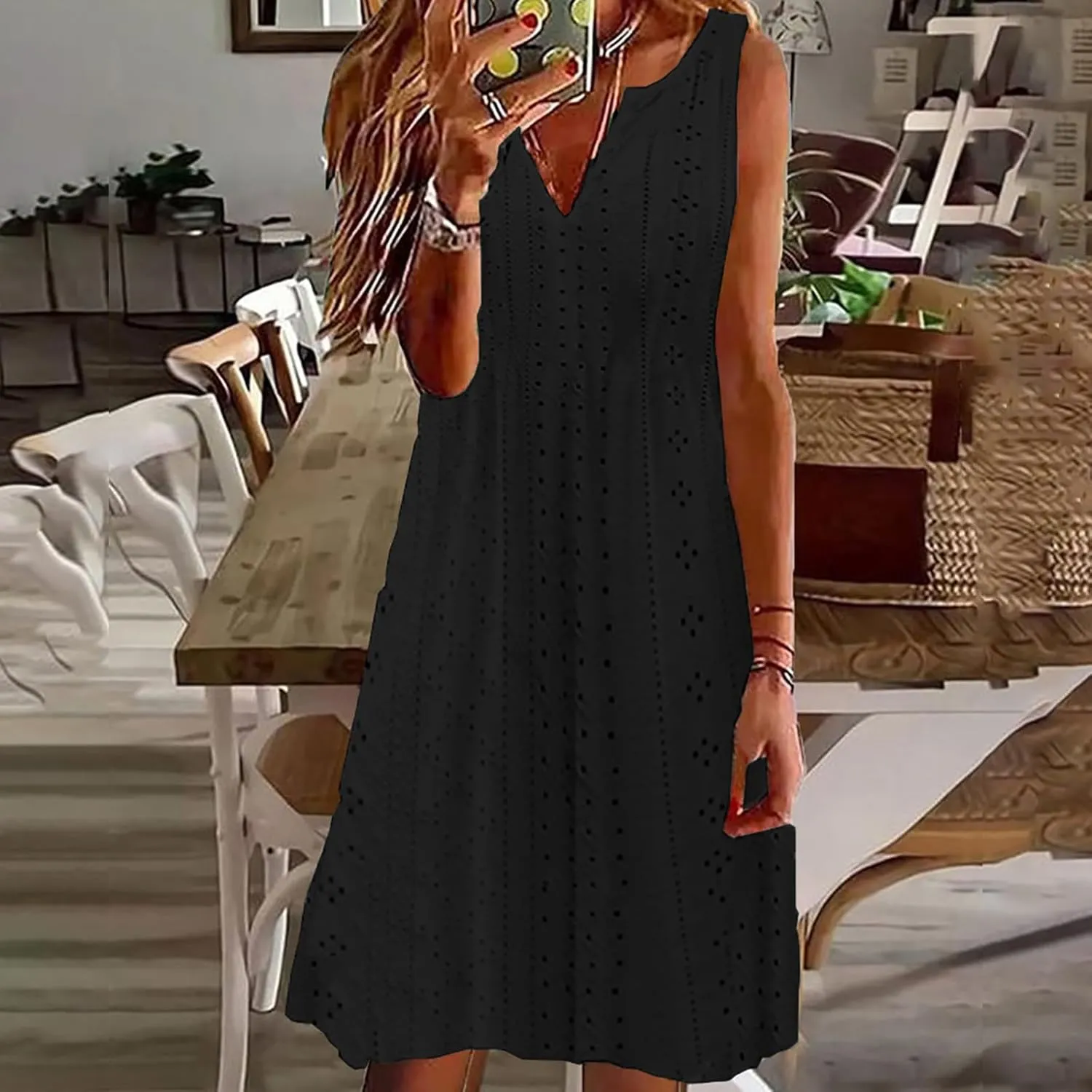 Womens V Neck Eyelet Dresses Summer Casual Dresses Cover Up Sleeveless Knee Length Dress Casual Tank Sundress Tunics