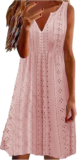 Womens V Neck Eyelet Dresses Summer Casual Dresses Cover Up Sleeveless Knee Length Dress Casual Tank Sundress Tunics