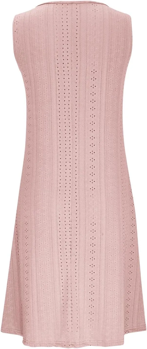Womens V Neck Eyelet Dresses Summer Casual Dresses Cover Up Sleeveless Knee Length Dress Casual Tank Sundress Tunics