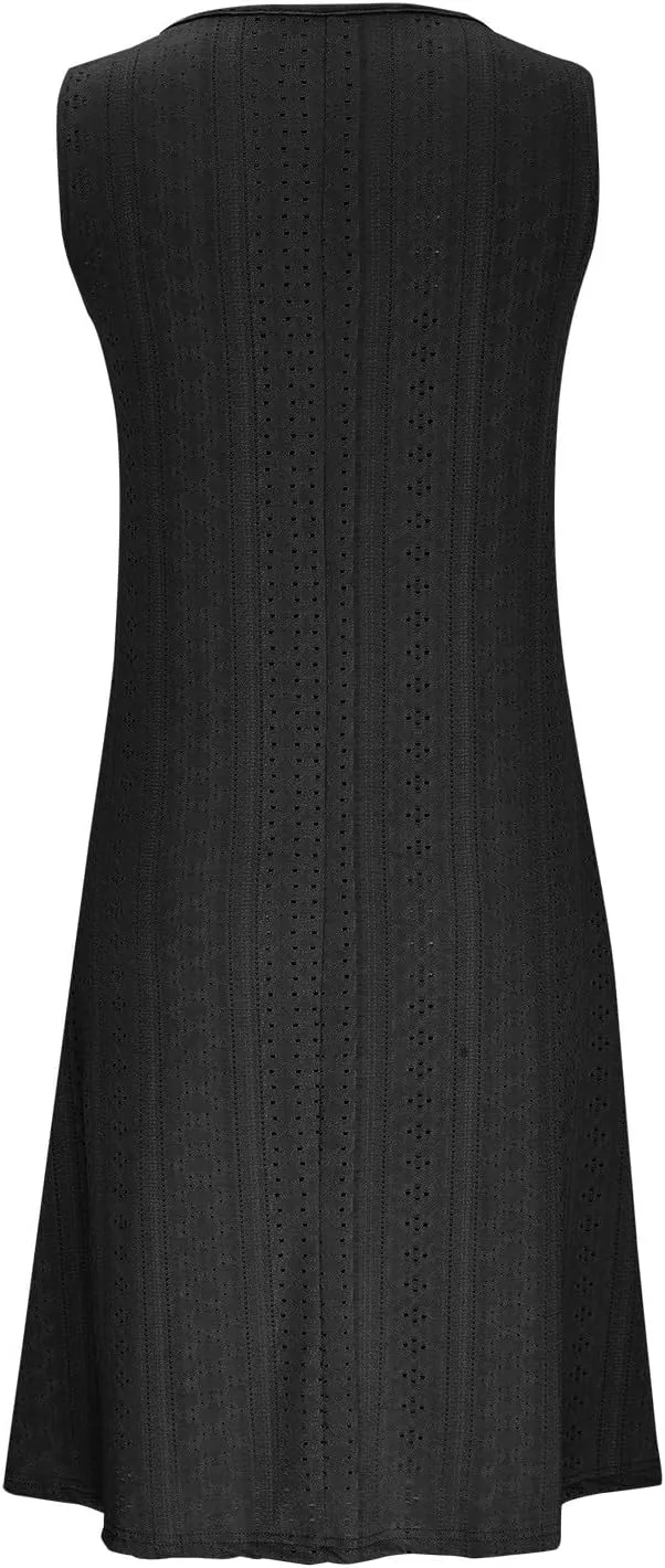 Womens V Neck Eyelet Dresses Summer Casual Dresses Cover Up Sleeveless Knee Length Dress Casual Tank Sundress Tunics