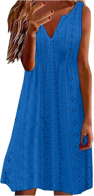 Womens V Neck Eyelet Dresses Summer Casual Dresses Cover Up Sleeveless Knee Length Dress Casual Tank Sundress Tunics