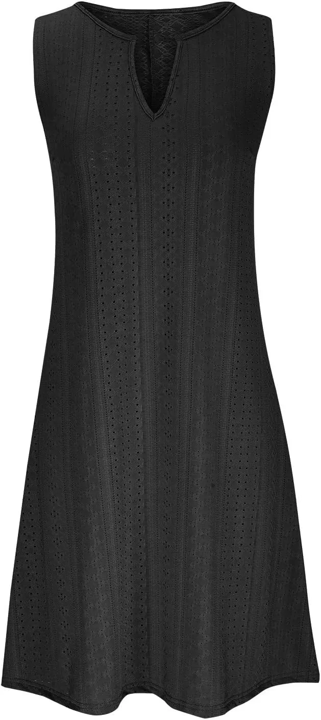Womens V Neck Eyelet Dresses Summer Casual Dresses Cover Up Sleeveless Knee Length Dress Casual Tank Sundress Tunics