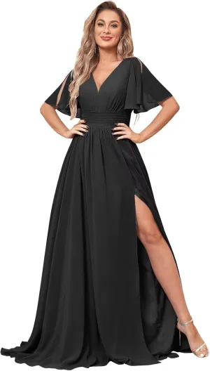 Women's V Neck Long Bridesmaid Dresses with Pockets Flutter Sleeve Chiffon Slit Formal Evening Gown
