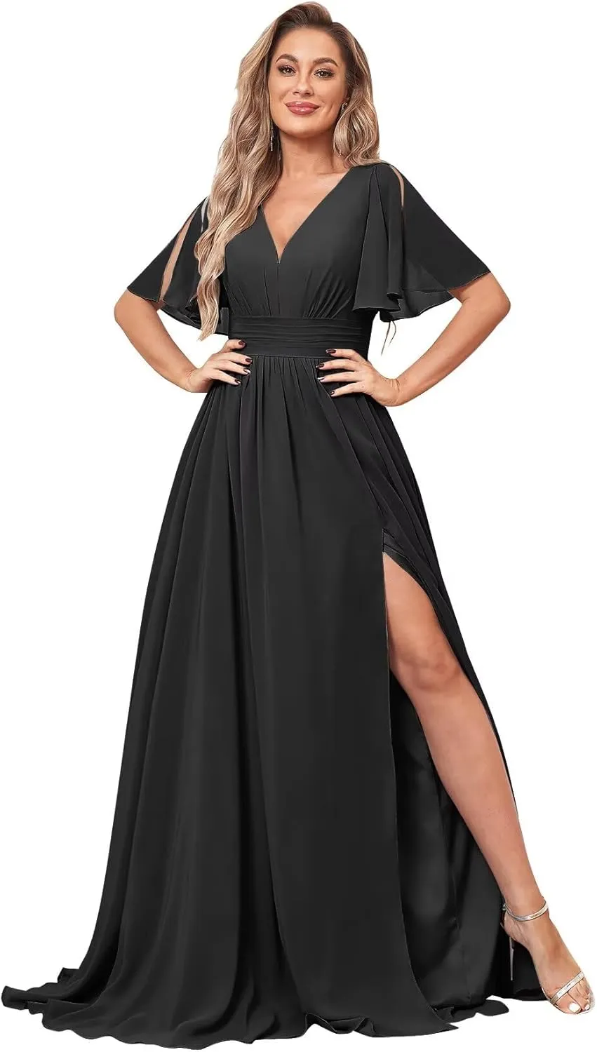 Women's V Neck Long Bridesmaid Dresses with Pockets Flutter Sleeve Chiffon Slit Formal Evening Gown