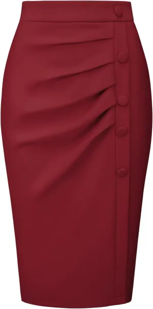 Women's Wear to Work Pencil Skirt Elastic High Waist Ruched Bodycon Midi Skirts