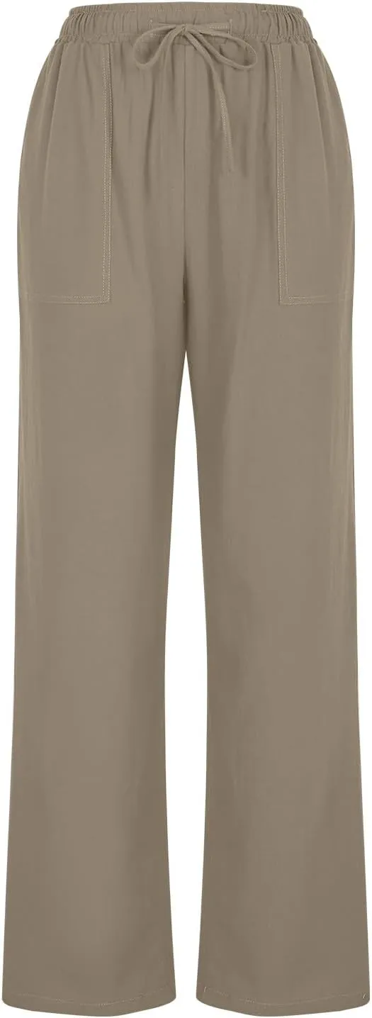 Women's Wide Leg Linen Pants High Waisted Boho Casual Palazzo Pants Summer Beach Drawstring Trousers with Pockets