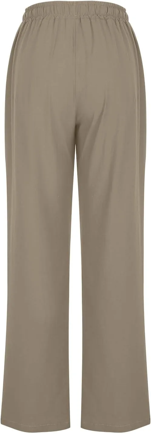 Women's Wide Leg Linen Pants High Waisted Boho Casual Palazzo Pants Summer Beach Drawstring Trousers with Pockets