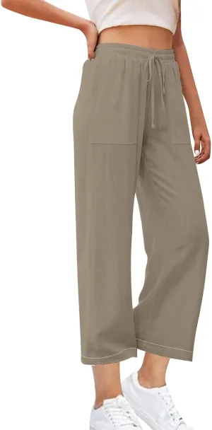 Women's Wide Leg Linen Pants High Waisted Boho Casual Palazzo Pants Summer Beach Drawstring Trousers with Pockets