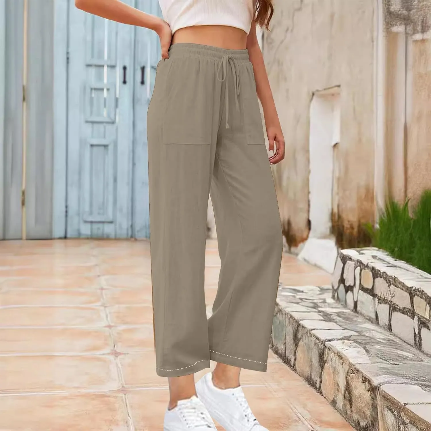 Women's Wide Leg Linen Pants High Waisted Boho Casual Palazzo Pants Summer Beach Drawstring Trousers with Pockets