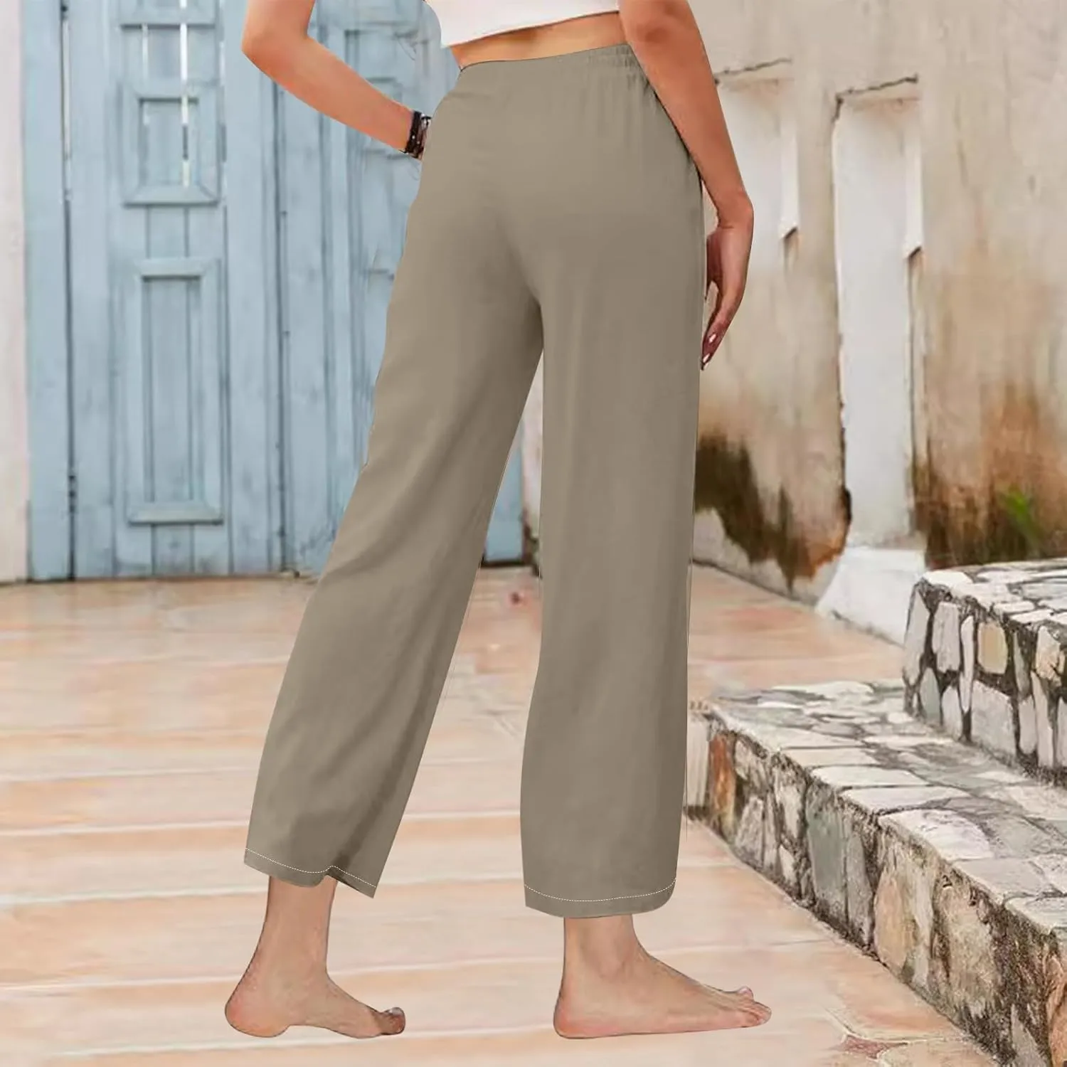 Women's Wide Leg Linen Pants High Waisted Boho Casual Palazzo Pants Summer Beach Drawstring Trousers with Pockets