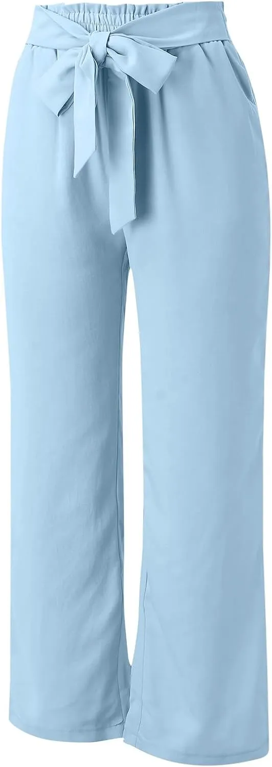 Women's Wide Leg Pants Lightweiht Adjustable Waist Bow Tie Loose Comfortable Casual Trousers with Pocket