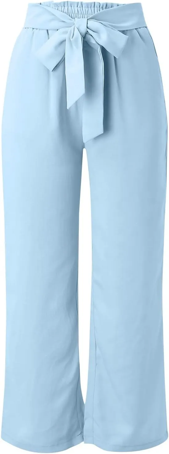 Women's Wide Leg Pants Lightweiht Adjustable Waist Bow Tie Loose Comfortable Casual Trousers with Pocket
