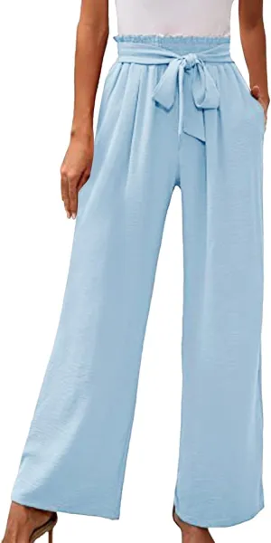 Women's Wide Leg Pants Lightweiht Adjustable Waist Bow Tie Loose Comfortable Casual Trousers with Pocket