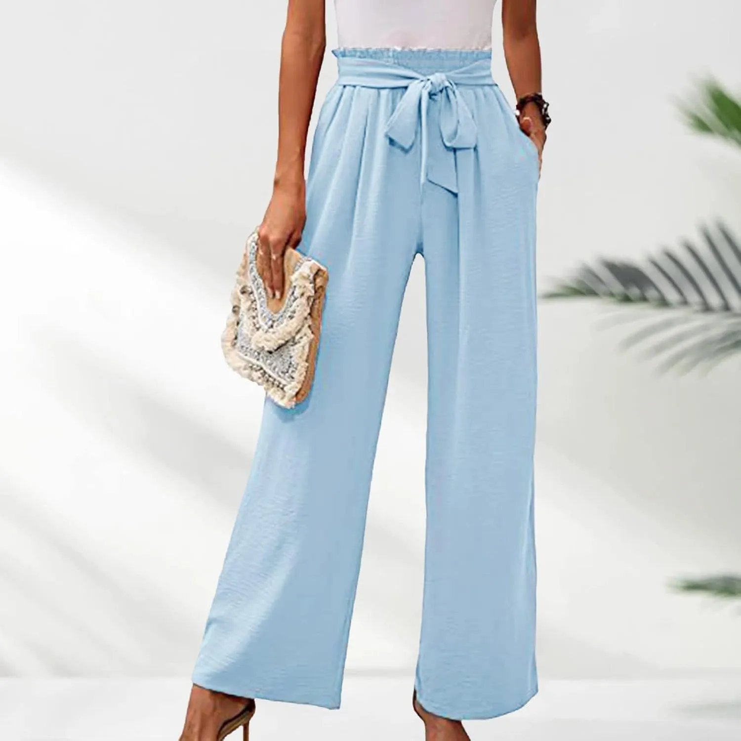 Women's Wide Leg Pants Lightweiht Adjustable Waist Bow Tie Loose Comfortable Casual Trousers with Pocket
