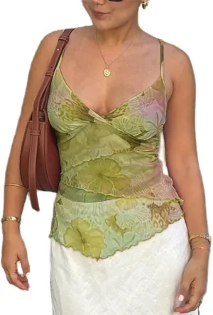 Women's Y2k Floral Print Mesh Cami Tops Summer Spaghetti Strap V Neck Patchwork Lace Camisole Going Out Tank Tops