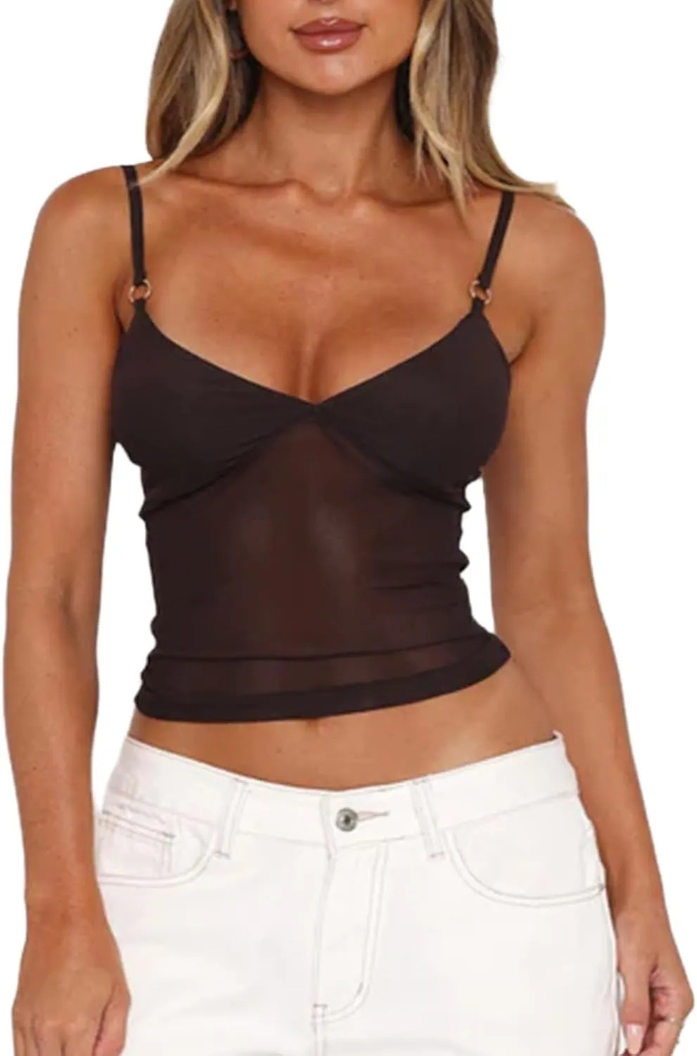 Women's Y2k Floral Print Mesh Cami Tops Summer Spaghetti Strap V Neck Patchwork Lace Camisole Going Out Tank Tops
