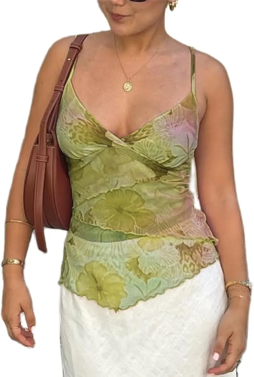Women's Y2k Floral Print Mesh Cami Tops Summer Spaghetti Strap V Neck Patchwork Lace Camisole Going Out Tank Tops